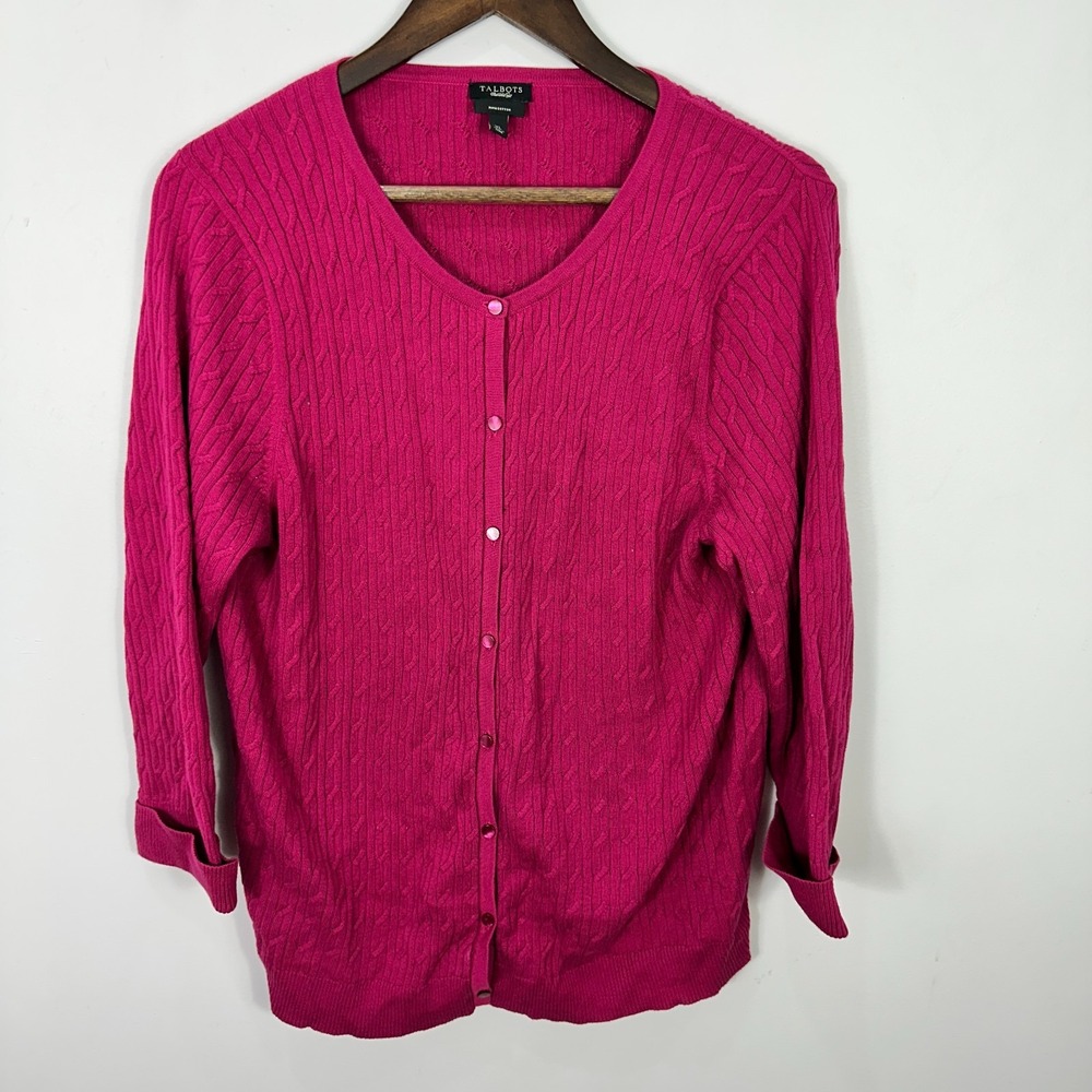 Talbots Cardigan Sweater XL Pink Cable Knit‎ 100% Pima Cotton Preppy Classic